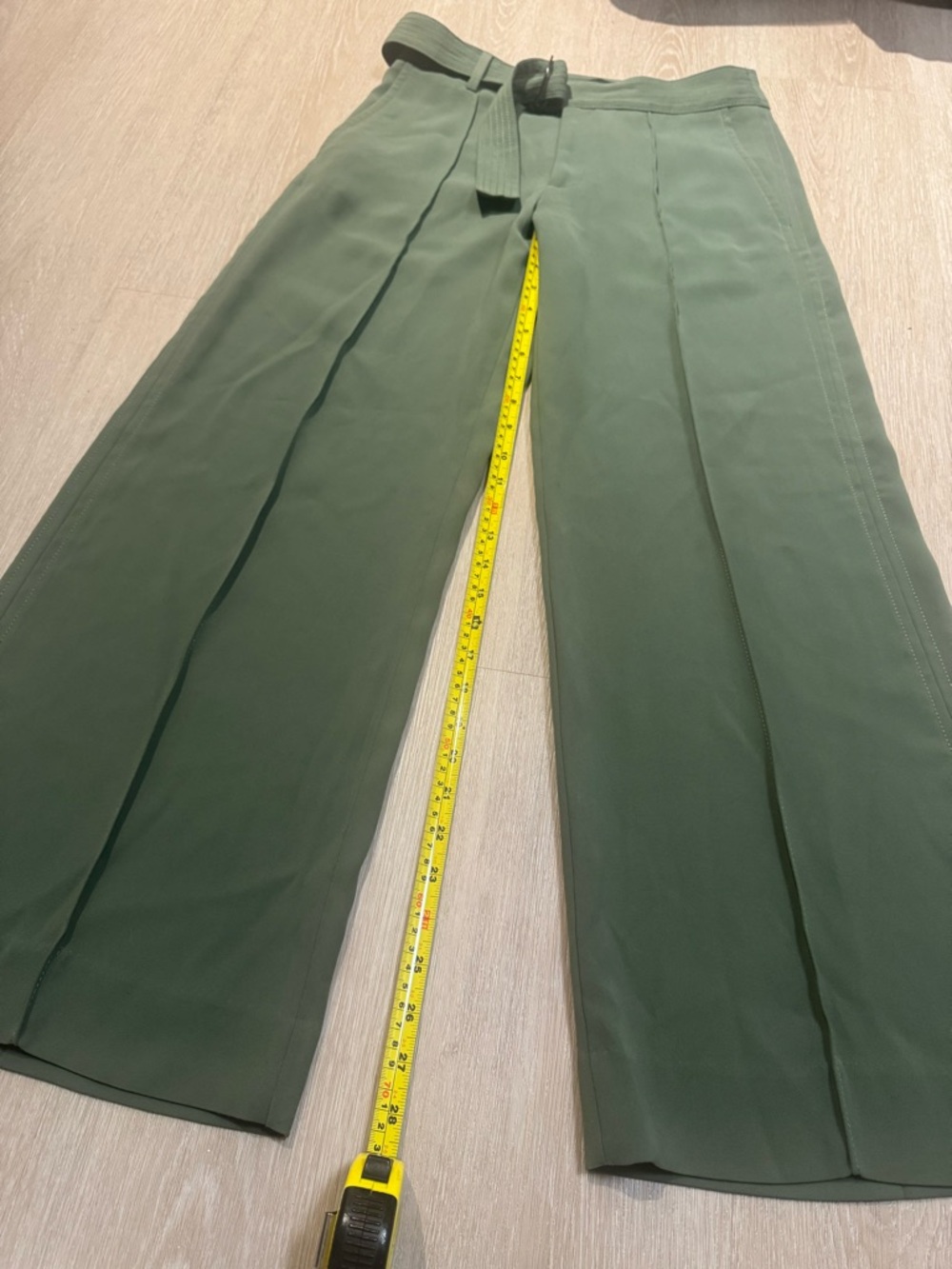 Olive Green Belted Wide Leg Trousers High Waist Tailored Minimalist Chic - Picture 5 of 8